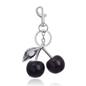Black glitter Cherry Bag Charm/ Keychain with Silver Hardware